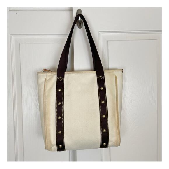 Louis Vuitton Antigua Cabás MM Canvas Tote Bag Cream Brown Trim Brass Rivets - Picture 6 of 11